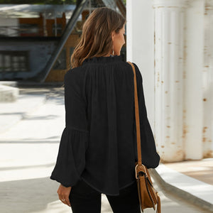 lady elegant ruffled collar long latern sleeve button tie front blouse