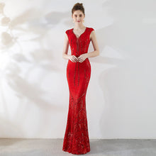 Laden Sie das Bild in den Galerie-Viewer, women V neck cap sleeve sequin long prom dress
