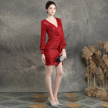 Laden Sie das Bild in den Galerie-Viewer, long sleeve sequin short ruffle bodycon Evening Dress

