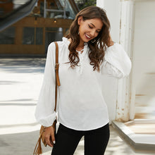 Laden Sie das Bild in den Galerie-Viewer, lady elegant ruffled collar long latern sleeve button tie front blouse
