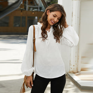 lady elegant ruffled collar long latern sleeve button tie front blouse