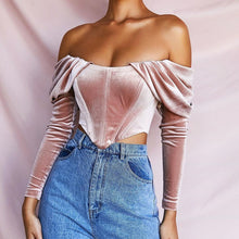 Laden Sie das Bild in den Galerie-Viewer, velvet milkmaid crop top Nigh Club Velour Off The Shoulder Ruffle Slim Fit Crop Tube Tops
