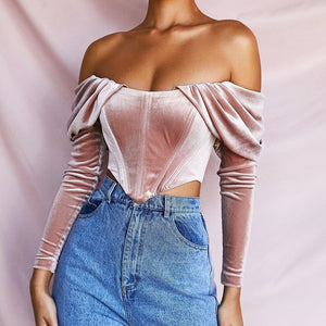 velvet milkmaid crop top Nigh Club Velour Off The Shoulder Ruffle Slim Fit Crop Tube Tops