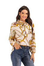 Laden Sie das Bild in den Galerie-Viewer, Women clothing manufacturer small orders wholesale ladies bow neck flare long sleeve african chain print blouse
