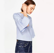 Load image into Gallery viewer, Casual Sweet 3/4 Flare Sleeve Pearl Round Neck Solid Striped Blouse
