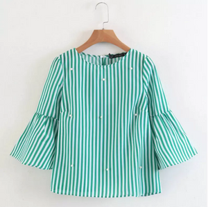 Casual Sweet 3/4 Flare Sleeve Pearl Round Neck Solid Striped Blouse