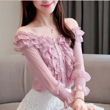 Load image into Gallery viewer, Women Summer Elastic Cuff Long Sleeve Off Shoulder Frilled Button Up Chiffon Blouse
