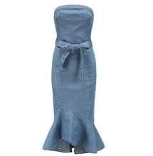 Load image into Gallery viewer, Strapless mermaid belted denim dress
