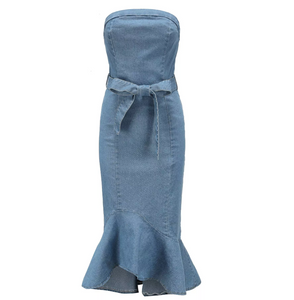 Strapless mermaid belted denim dress