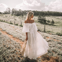 Load image into Gallery viewer, white off shoulder maxi bohemian dress
