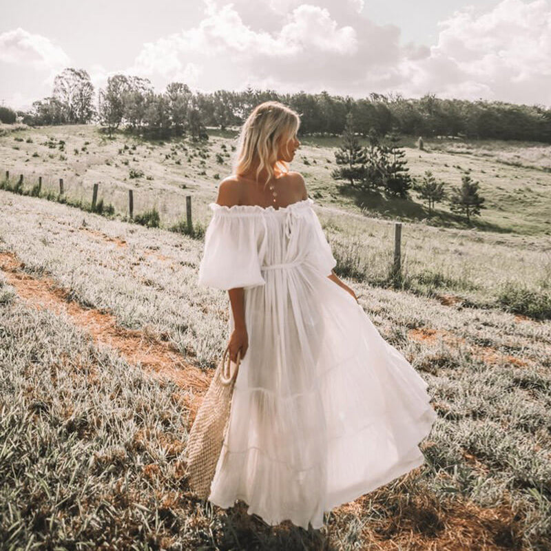 white off shoulder maxi bohemian dress