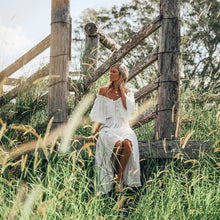Load image into Gallery viewer, white off shoulder maxi bohemian dress
