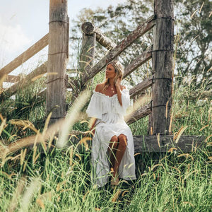 white off shoulder maxi bohemian dress