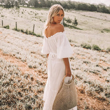 Load image into Gallery viewer, white off shoulder maxi bohemian dress
