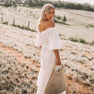 white off shoulder maxi bohemian dress