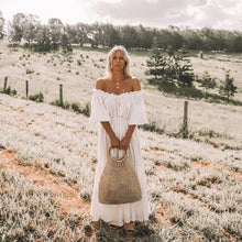 Load image into Gallery viewer, white off shoulder maxi bohemian dress

