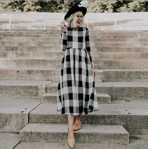 Simple ankle length ruffle lady wear polyester/cotton blended casual plaid long dress