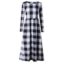 Load image into Gallery viewer, Simple ankle length ruffle lady wear polyester/cotton blended casual plaid long dress
