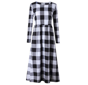 Simple ankle length ruffle lady wear polyester/cotton blended casual plaid long dress