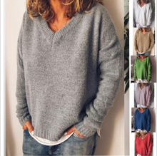 Load image into Gallery viewer, Women&#39;s V Neck Solid Drop Shoulder Pullover Sweater
