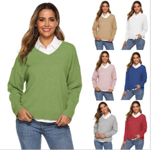 Load image into Gallery viewer, Women&#39;s V Neck Solid Drop Shoulder Pullover Sweater
