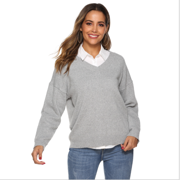 Women's V Neck Solid Drop Shoulder Pullover Sweater