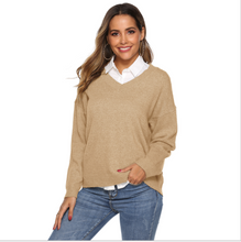 Load image into Gallery viewer, Women&#39;s V Neck Solid Drop Shoulder Pullover Sweater
