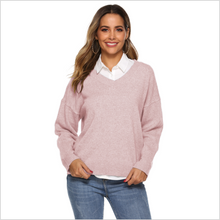 Load image into Gallery viewer, Women&#39;s V Neck Solid Drop Shoulder Pullover Sweater
