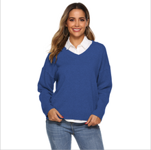 Load image into Gallery viewer, Women&#39;s V Neck Solid Drop Shoulder Pullover Sweater
