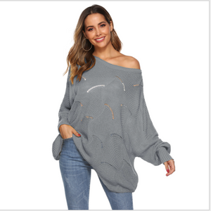 Wave Hem Long Batwing Sleeve Hollow Out Elegant Sweaters For Women