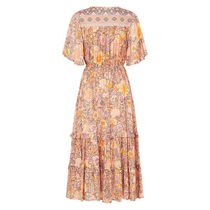 Women Short Sleeve Frilled Floral Beachwear Bohemian Maxi Dress