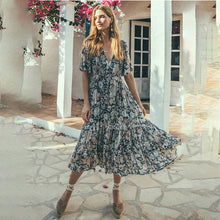 Laden Sie das Bild in den Galerie-Viewer, Women Short Sleeve Frilled Floral Beachwear Bohemian Maxi Dress

