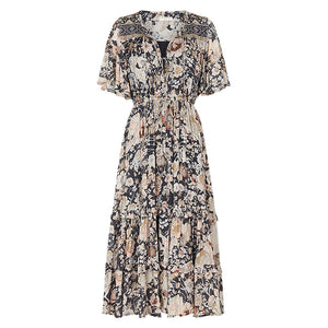 Women Short Sleeve Frilled Floral Beachwear Bohemian Maxi Dress