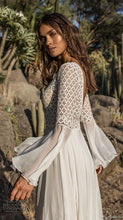 Laden Sie das Bild in den Galerie-Viewer, European and American style lace deep V neck bohemian dress lady frock big trumpet sleeve women ladies white dresses long
