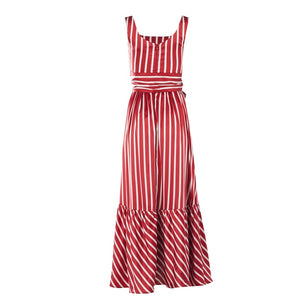 Women Red White Stripes Summer Maxi Dress